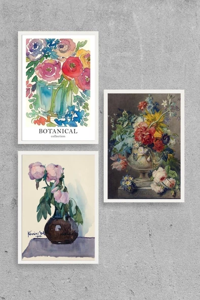 Çiçek Üçlü Ahşap Çerçeveli Tablo 40 x 60 - Resim 2