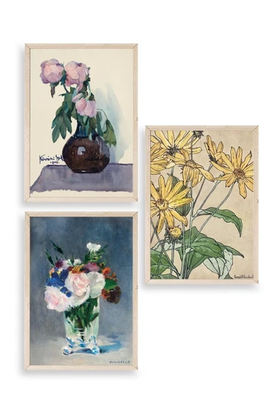 Vazodaki Çiçekler Üçlü Ahşap Çerçeveli Tablo 30 x 40 ürün görseli 1