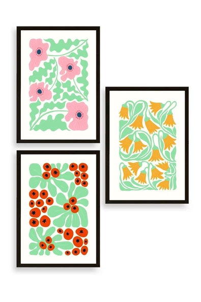 Çiçekler Üçlü Ahşap Çerçeveli Tablo 50 x 70 ürün görseli 1