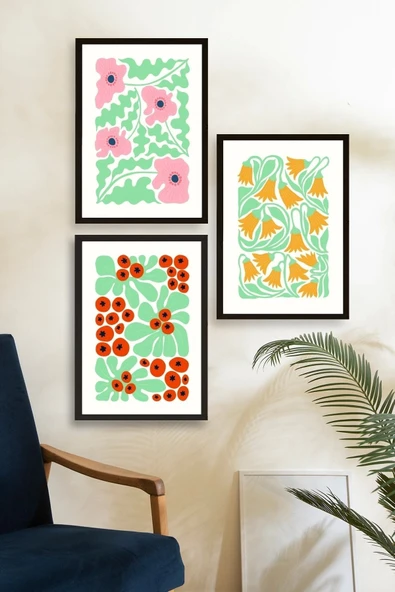 Çiçekler Üçlü Ahşap Çerçeveli Tablo 50 x 70 - Resim 2