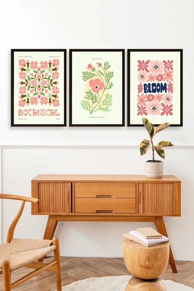 Botanik Üçlü Ahşap Çerçeveli Tablo 23 x 30 - Resim 3