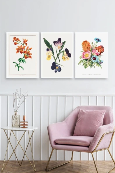 Çiçek Üçlü Ahşap Çerçeveli Tablo 23 x 30 - Resim 2