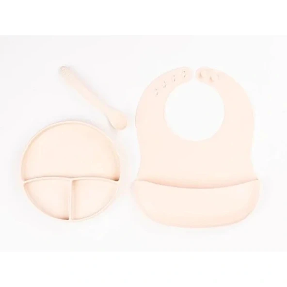 Krem Rengi 3’lü Silikon Yemek Seti – Önlük + Diş Kaşıyıcılı Kaşık + Vakumlu Tabak ürün görseli 1