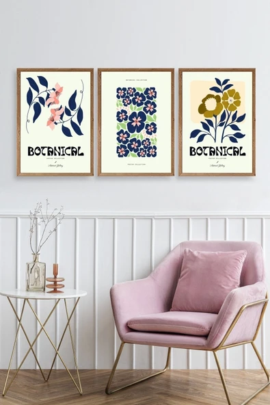 Botanik Üçlü Ahşap Çerçeveli Tablo 23 x 30 - Resim 2
