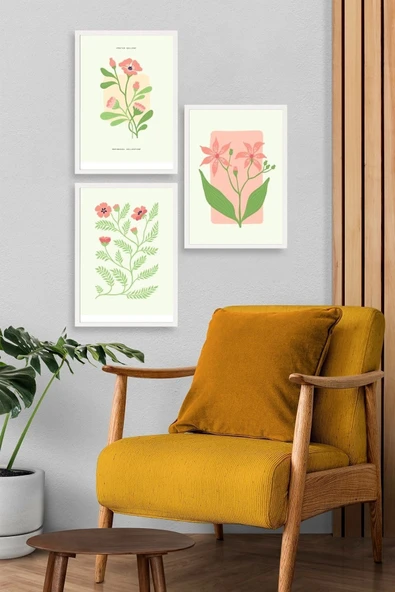 Botanik Üçlü Ahşap Çerçeveli Tablo 23 x 30 - Resim 3