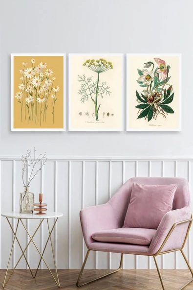 Çiçek Üçlü Ahşap Çerçeveli Tablo 50 x 70 - Resim 2