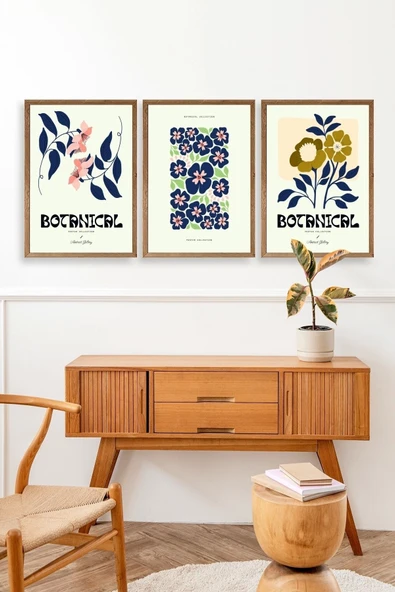Botanik Üçlü Ahşap Çerçeveli Tablo 23 x 30 - Resim 3