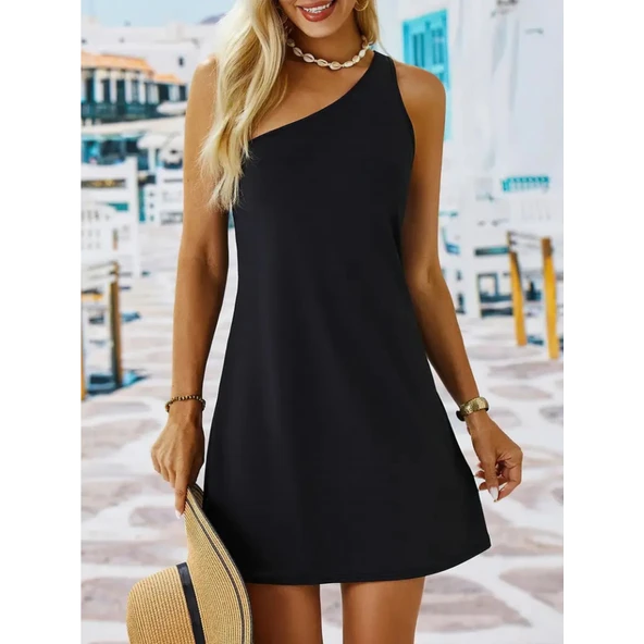 Lucky Life Kadın Tek Omuz Askılı Krep Mini Elbise ürün görseli 1