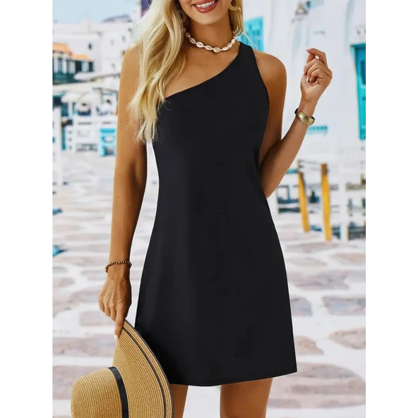 Lucky Life Kadın Tek Omuz Askılı Krep Mini Elbise - Resim 3