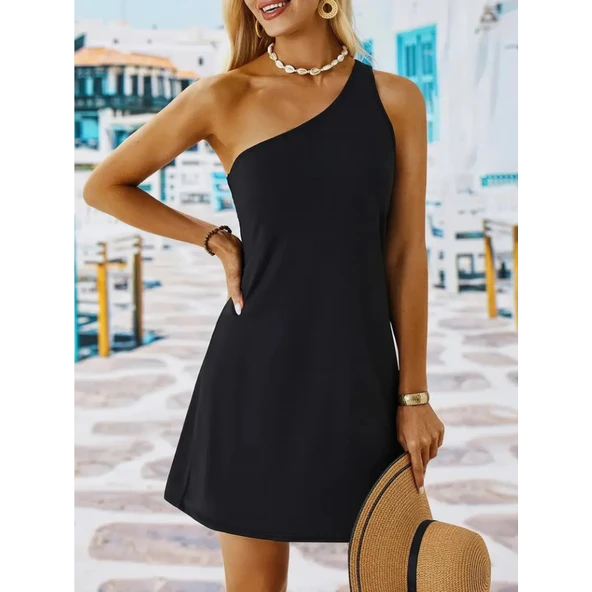 Lucky Life Kadın Tek Omuz Askılı Krep Mini Elbise - Resim 2