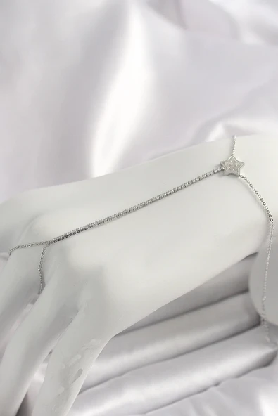 Pirinç Gümüş Renk Su Yolu Zirkon Taşlı Yıldız Model Kadın Şahmeran - TJ-SN622 ürün görseli 1