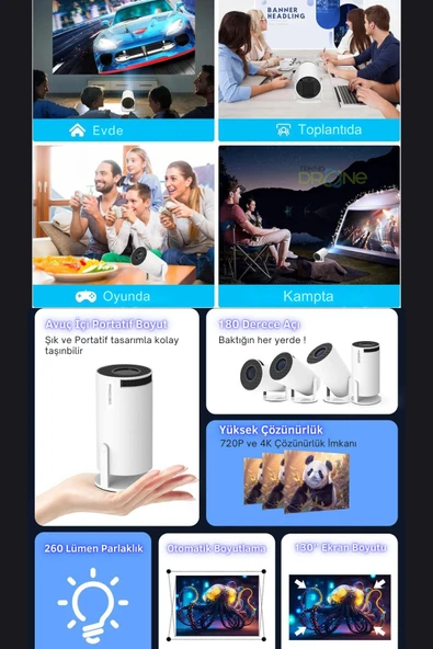 Taşınabilir Android Projeksiyon En Güncel Versiyon Wifi Destekli Akıllı Sinema Projektör Ultra Hd - Resim 3