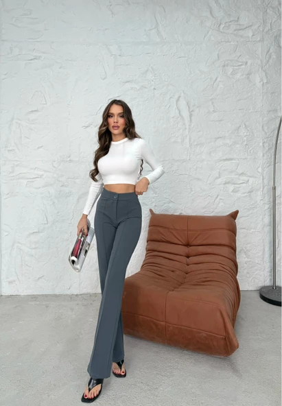 Düğmeli Palazzo pantolon füme p170091 - Resim 3