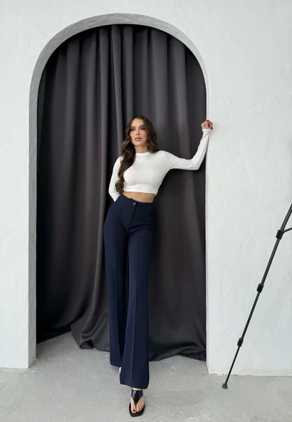 Düğmeli Palazzo pantolon lacivert p170091 - Resim 4