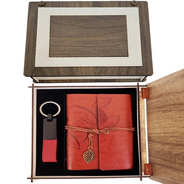 Özel Ahşap Kutulu Kiremit Rengi Deri Defter ve Anahtarlık Set - Resim 2