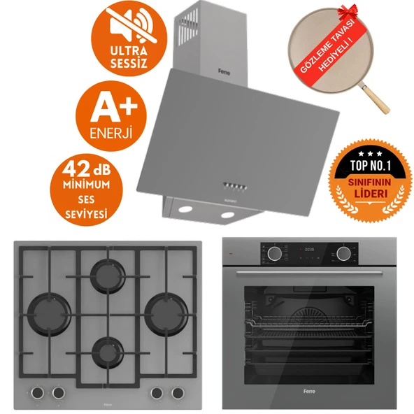 Ferre FryArt&SilentArt MIE Sessiz Yeni Seri Antrasit Gri Ankastre Set (D088-SA + XE63CPR + LN388) ürün görseli 1