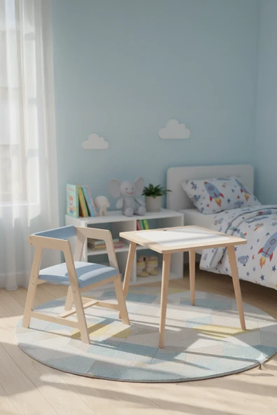 Montessori Çocuk Ahşap Oyun Etkinlik Çalışma Masası,Saklama Alanlı,Mavi Sandalye ürün görseli 1