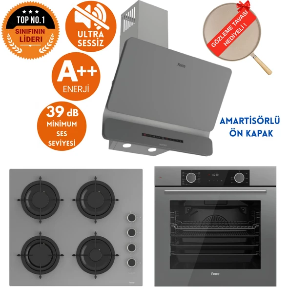 Ferre FryArt&SilentArt ROMA Sessiz Yeni Seri Antrasit Gri Ankastre Set (D082-SA +XE63CPR +CS208-FA) ürün görseli 1