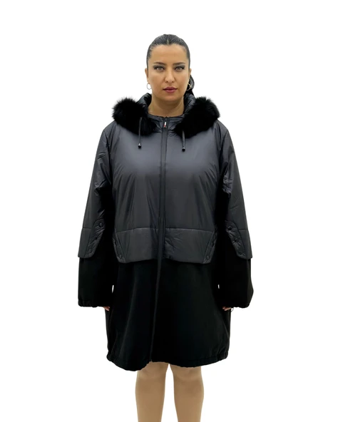 Büyük Beden Kapüşonlu Kürk Detaylı Yünlü Uzun Kol Oversize Kadın Kaban ürün görseli 1