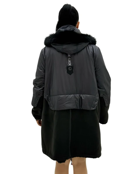 Büyük Beden Kapüşonlu Kürk Detaylı Yünlü Uzun Kol Oversize Kadın Kaban - Resim 4