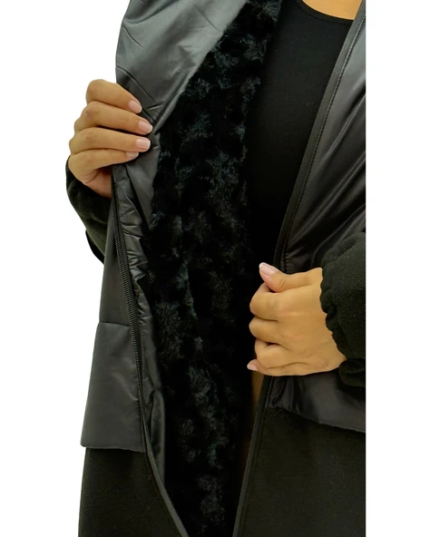 Büyük Beden Kapüşonlu Kürk Detaylı Yünlü Uzun Kol Oversize Kadın Kaban - Resim 5