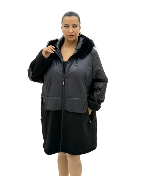 Büyük Beden Kapüşonlu Kürk Detaylı Yünlü Uzun Kol Oversize Kadın Kaban - Resim 2