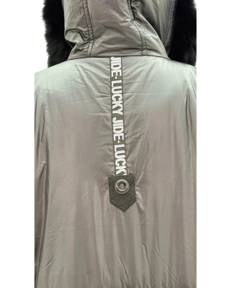 Büyük Beden Kapüşonlu Kürk Detaylı Yünlü Uzun Kol Oversize Kadın Kaban - Resim 7