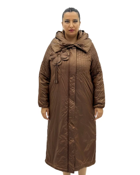 Kapüşonlu Çiçek Fiyonk Detaylı Uzun Kollu Oversize Kadın Uzun Kaban - Resim 2