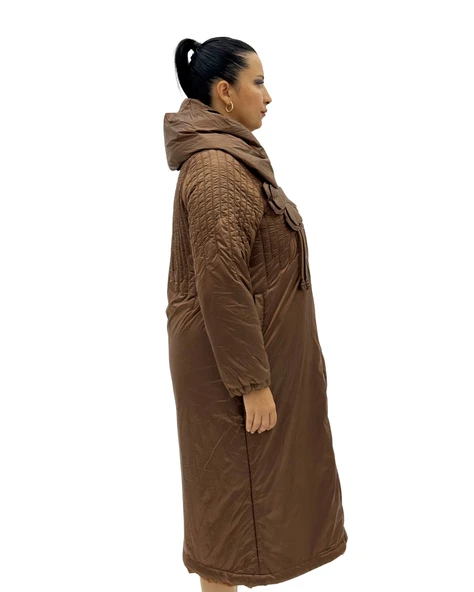 Kapüşonlu Çiçek Fiyonk Detaylı Uzun Kollu Oversize Kadın Uzun Kaban - Resim 3