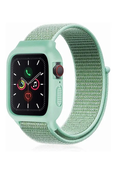 Apple Watch 42mm Hasırlı Cırtcırtlı Kasalı Kordon - Turkuaz-(5796) ürün görseli 1