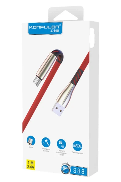 S88 Metal Uçlu Micro USB Kablo 1M 2.4A - Kırmızı-(5796) - Resim 2