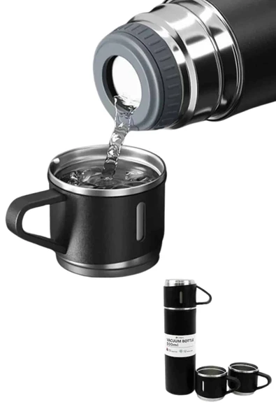 Termos Paslanmaz Çelik Termos Siyah Renk 3 Bardaklı Termos Seti - Resim 4