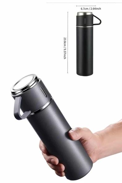 Termos Paslanmaz Çelik Termos Siyah Renk 3 Bardaklı Termos Seti - Resim 5