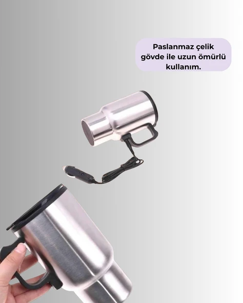 Araç İçi Paslanmaz Çelik Isıtıcı Termos Bardak 12V Çakmak Girişli - Resim 2