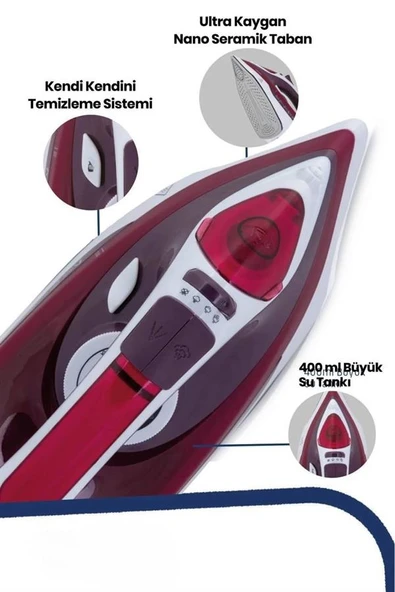 Buharlı Ütü 2200 Watt Seramik Tabanlı Taşınabilir Kablolu Ütü - Resim 4