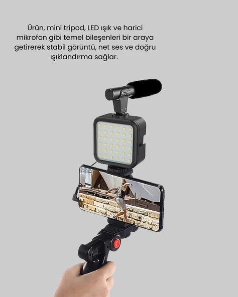 Video Çekim Kiti Tripod LED Işık Harici Mikrofon ve Bluetooth Kumanda Seti - Resim 5