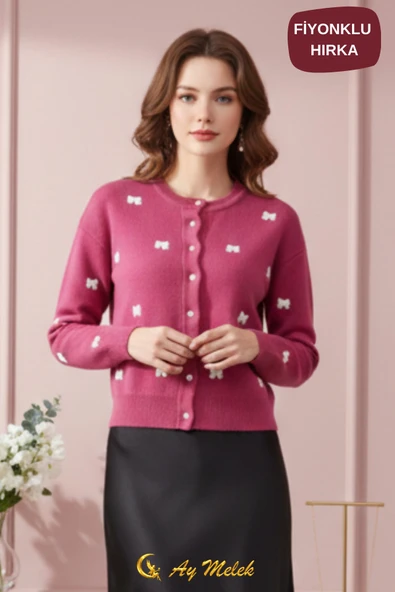 Kadın Triko Hırka Düğmeli Bisiklet Yaka Kısa Fiyonk Detaylı Hırka - Resim 5