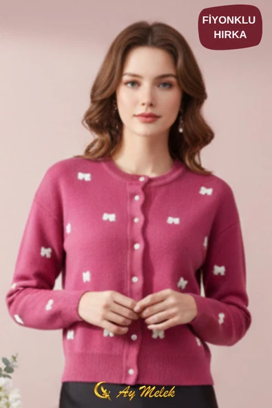 Kadın Triko Hırka Düğmeli Bisiklet Yaka Kısa Fiyonk Detaylı Hırka - Resim 4