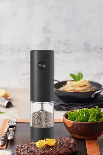 44B-BS Siyah Pilli Işıklı Otomatik Yeni Nesil Tuz Karabiber Değirmeni Baharat Öğütücü - Resim 3