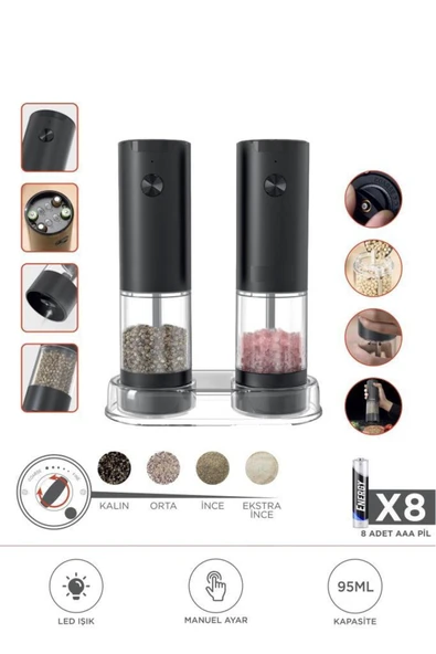 44B-BS Siyah Pilli Işıklı Otomatik Yeni Nesil Tuz Karabiber Değirmeni Baharat Öğütücü ürün görseli 1