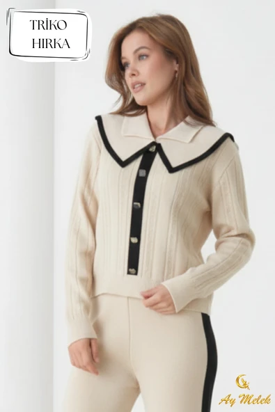 Kadın Triko Hırka Biyeli Geniş Düz Yaka Düğmeli Hırka - Resim 9