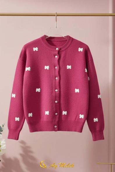 Kadın Triko Hırka Düğmeli Bisiklet Yaka Kısa Fiyonk Detaylı Hırka - Resim 6