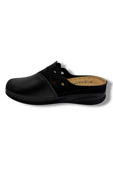 Royal Poli 727-26 Cilt Deri İşlemeli Boncuk Taşlı Anatomik Sabo Kadın Terlik - Resim 3