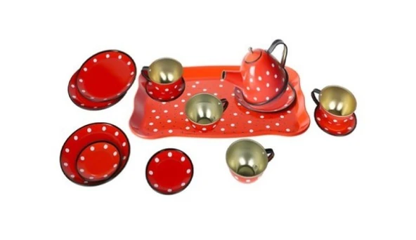Puantiyeli Kırmızı Metal Çay Seti - Resim 2