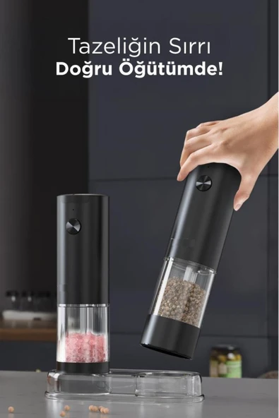 44B-BS Siyah Pilli Işıklı Otomatik Yeni Nesil Tuz Karabiber Değirmeni Baharat Öğütücü - Resim 5
