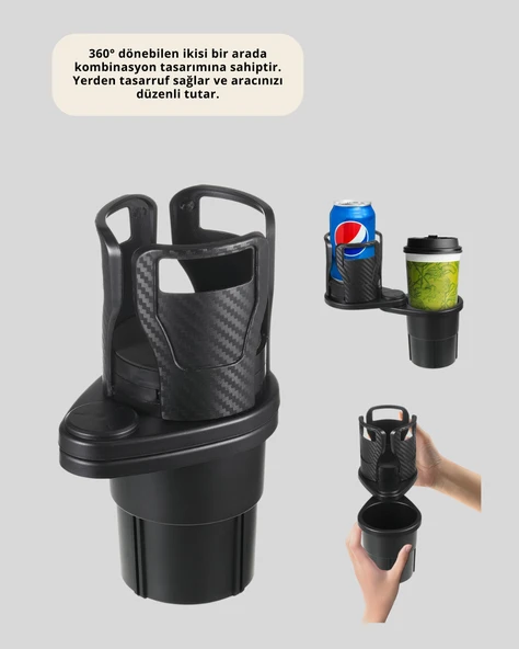 Çiftli Araba Bardak Tutucu Karbon Fiber Görünümlü 360° Ayarlı - Resim 2