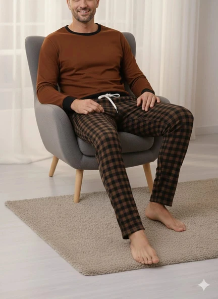 Pijalüx Tek Alt Ekose Kalın Poplin Kışlık Ev Pantalonu - Resim 2