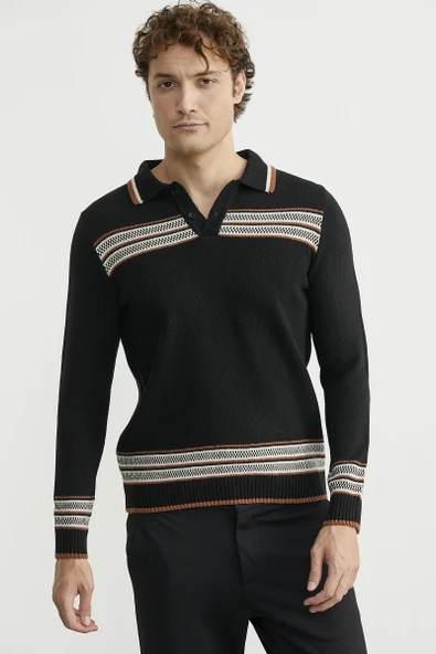 Polo Yaka Kilim Motifli Triko Kazak - Siyah - Resim 3