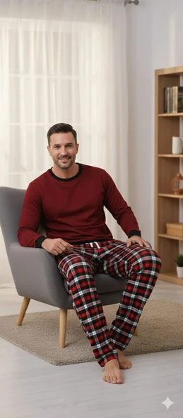 Pijalüx Tek Alt Kareli Kalın Poplin Ev Pantalonu - Resim 2