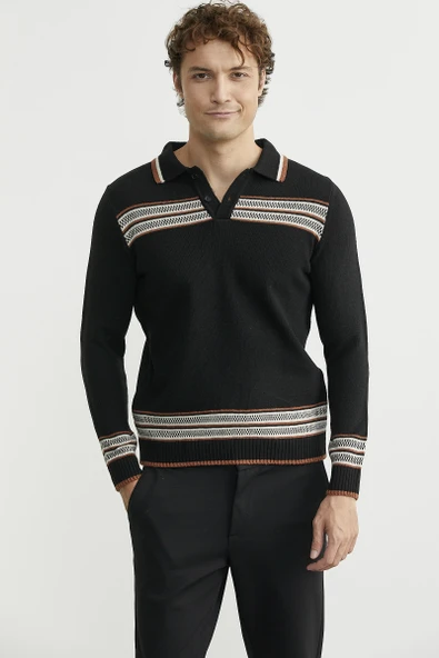 Polo Yaka Kilim Motifli Triko Kazak - Siyah - Resim 4